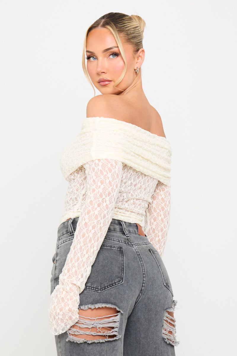 Cream Sheer Lace Off Shoulder Fold Over Top