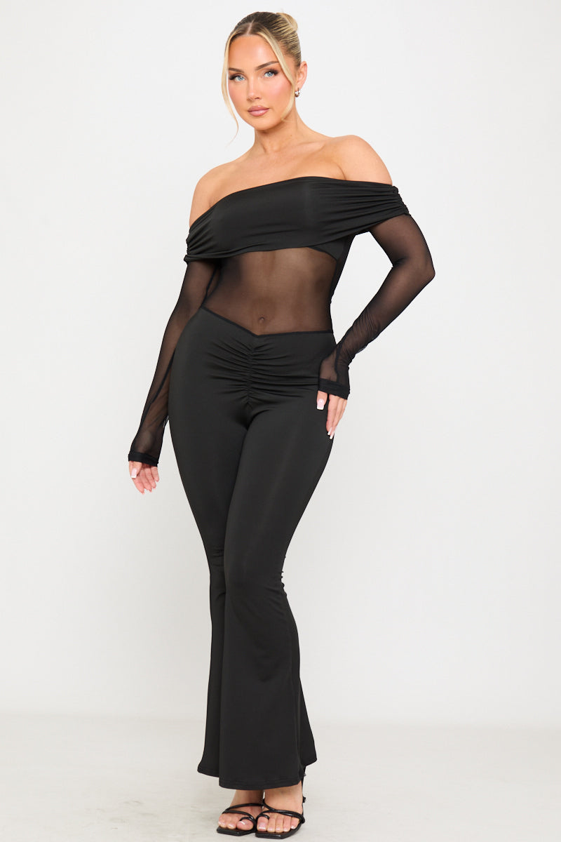 Black Sheer Off Shoulder Long Sleeve Jumpsuit