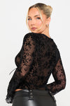 Black Sheer Floral Embossed Tie Front Top