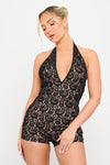 Black Lace Halter Neck Plunge Playsuit