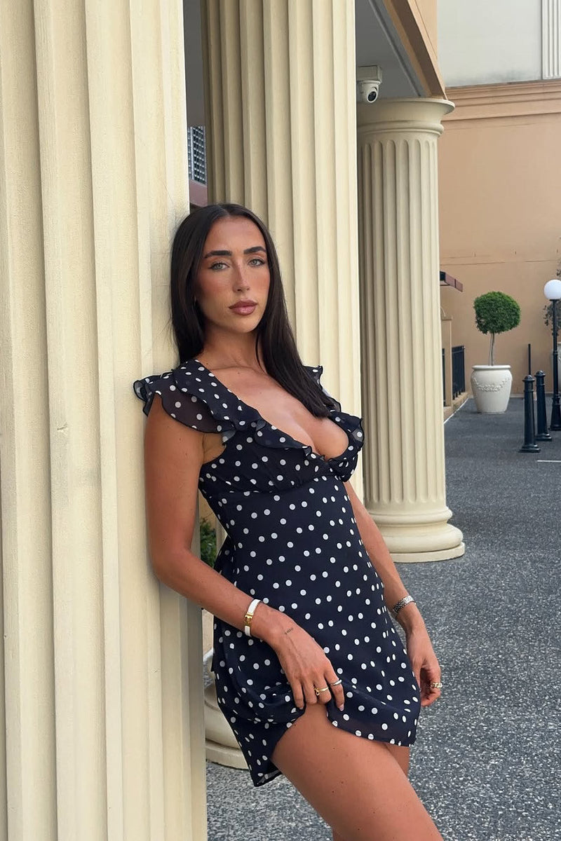Black Polka Dot Ruffle Trim Mini Dress