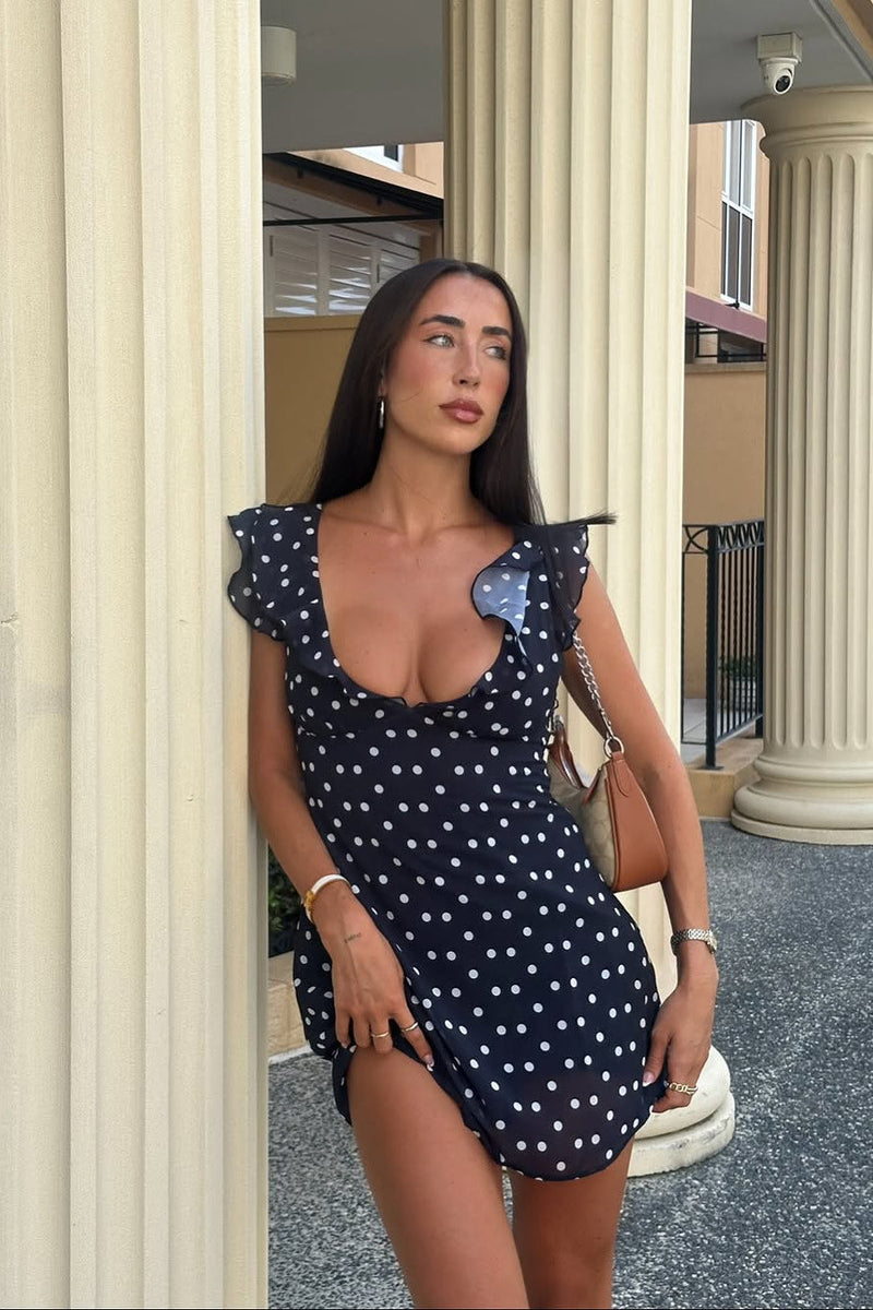 Black Polka Dot Ruffle Trim Mini Dress