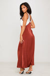 Brown Satin Contrast V-Neck Sleeveless Maxi Dress