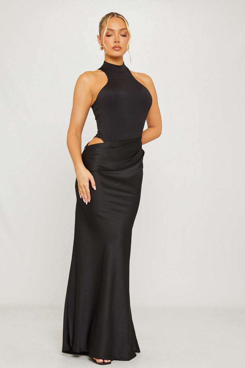 Black Mock Neck Draped Asymmetric Maxi Dress