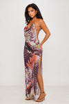 Brown Beaded Floral Cowl Backless Chiffon Maxi Dress