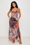 Brown Beaded Floral Cowl Backless Chiffon Maxi Dress