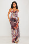 Brown Beaded Floral Cowl Backless Chiffon Maxi Dress