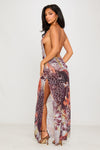 Brown Beaded Floral Cowl Backless Chiffon Maxi Dress