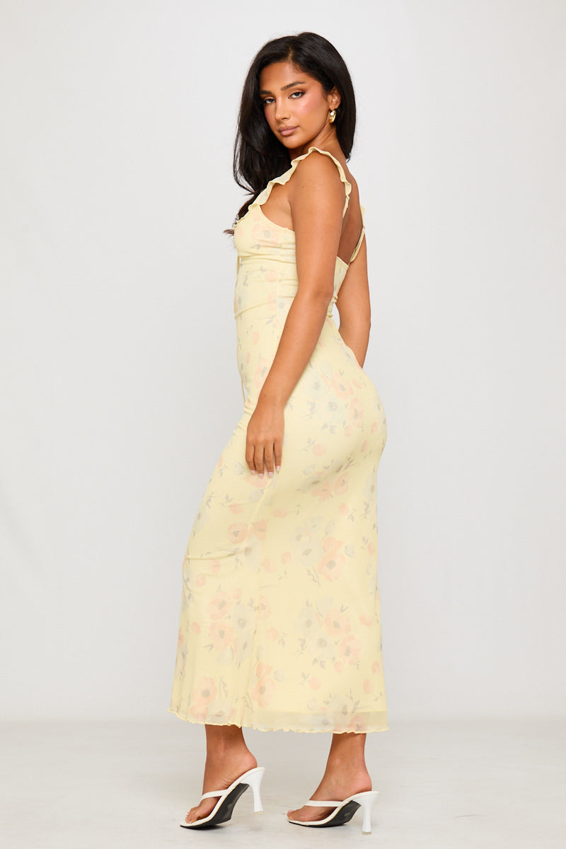 Yellow Floral Print Frill Detail Slip Maxi Dress