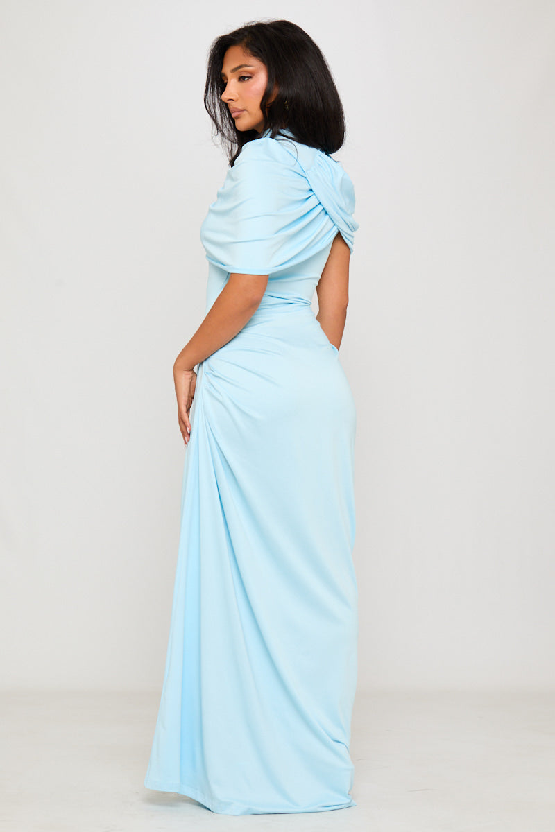 Baby Blue Draped Asymmetric Pleated Maxi Dress