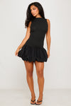 Black Rib High Neck Puff Ball Mini Dress
