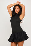 Black Rib High Neck Puff Ball Mini Dress
