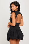 Black Rib High Neck Puff Ball Mini Dress