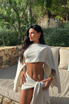 Beige Linen Off Shoulder Top & Sarong Mini Skirt Co-Ord