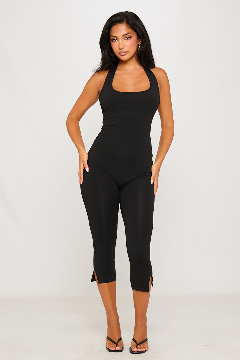 Black Halter Neck Open Back Capri Jumpsuit