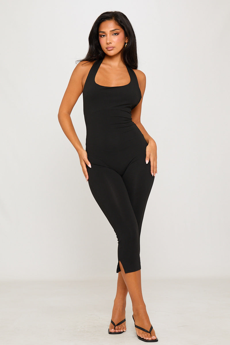 Black Halter Neck Open Back Capri Jumpsuit