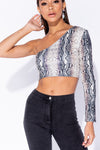 Grey Snake Print One Shoulder Long Sleeve Crop Top