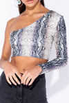 Grey Snake Print One Shoulder Long Sleeve Crop Top