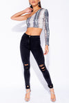 Grey Snake Print One Shoulder Long Sleeve Crop Top