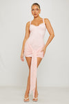 Pink Lace Tie Front Cinched Draped Mini Dress