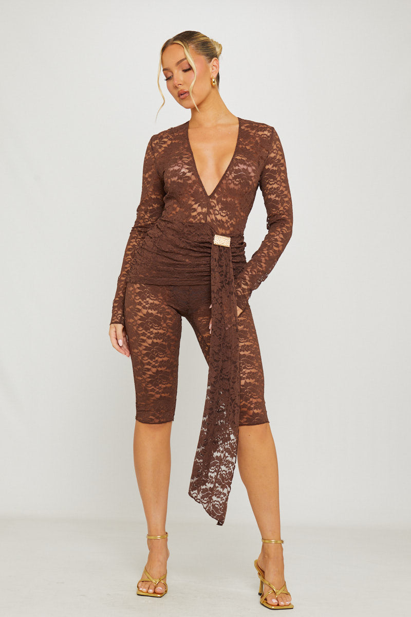 Brown Lace Plunge Drape Detail Capri Jumpsuit
