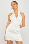 Champagne Satin Plunge Halterneck Mini Dress
