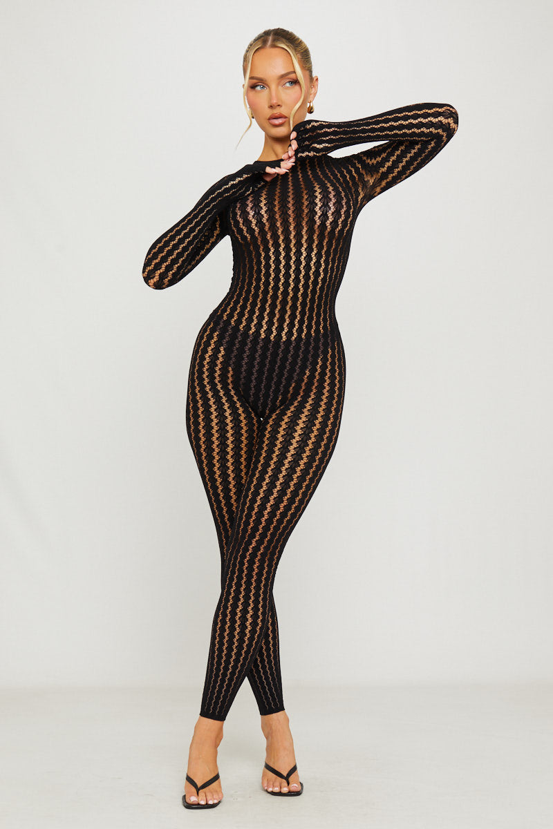 Black Mesh Cut Out Long Sleeve Jumpsuit