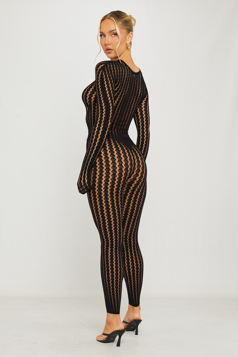 Black Mesh Cut Out Long Sleeve Jumpsuit