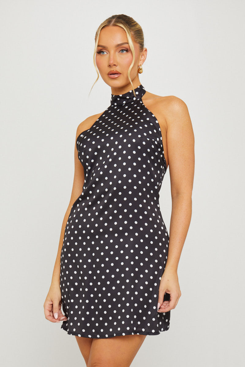 Black Polka Dot Halterneck Open Back Mini Dress