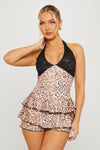 Leopard Print Lace Ruffle Detail Halter Mini Dress