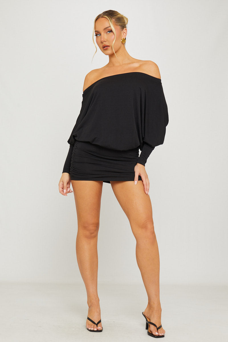 Black Off Shoulder Ruched Batwing Top