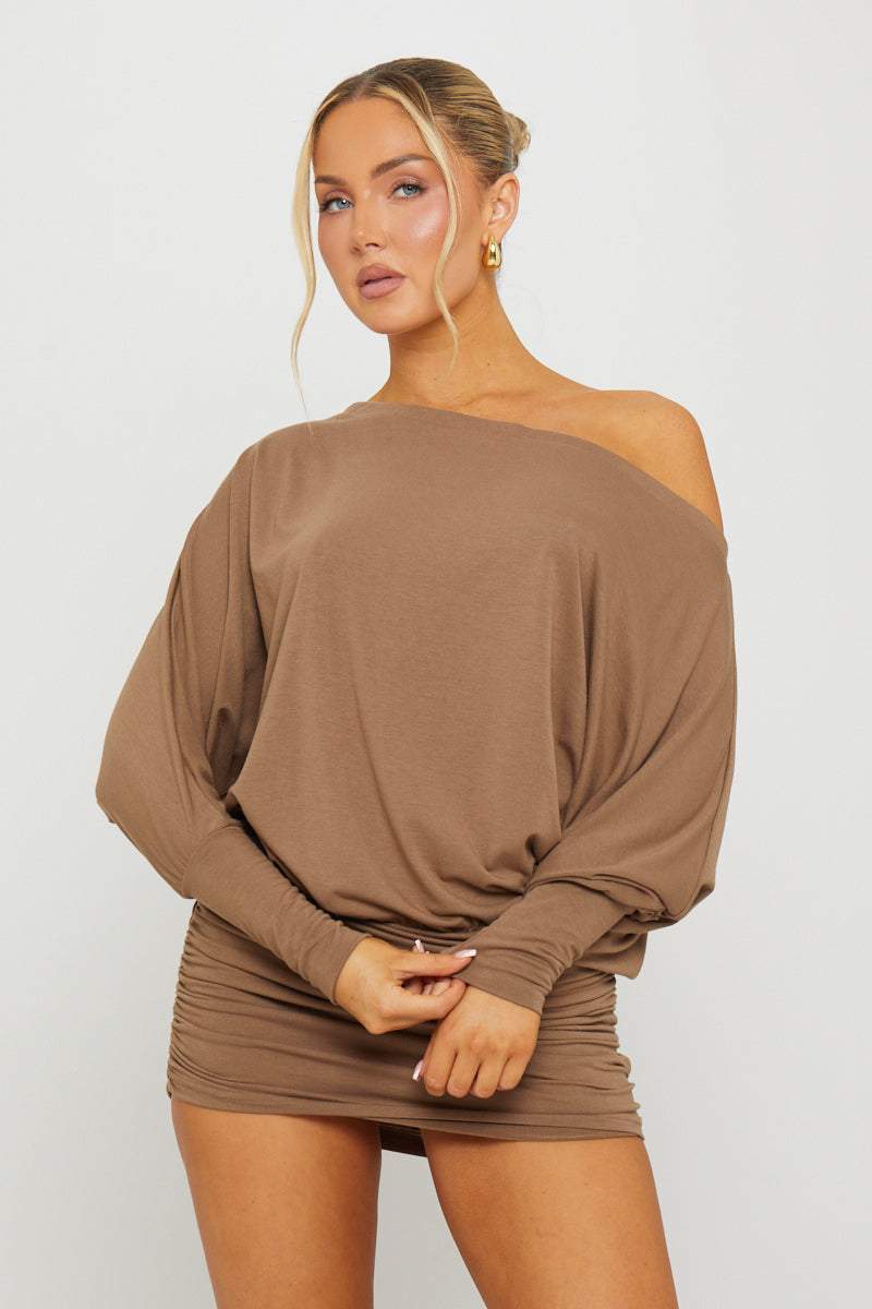Brown Off Shoulder Ruched Batwing Mini Dress