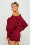 Burgundy Off Shoulder Ruched Batwing Mini Dress