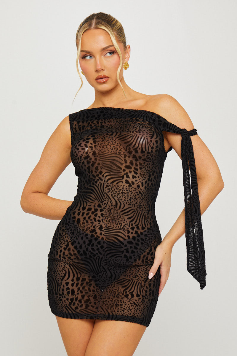 Black Leopard Embossed One Shoulder Mini Dress