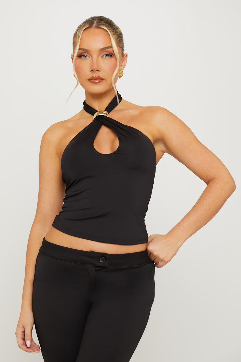 Black Halterneck Cross Over Detail Crop Top