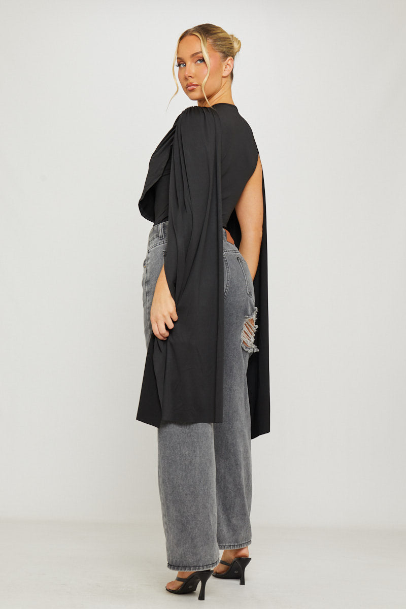 Black Shoulder Draped Ruched Bodysuit