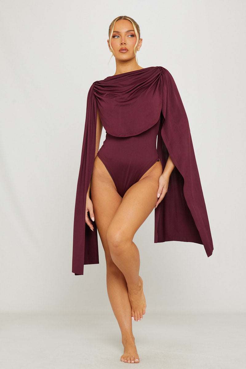 Brown Shoulder Draped Ruched Bodysuit