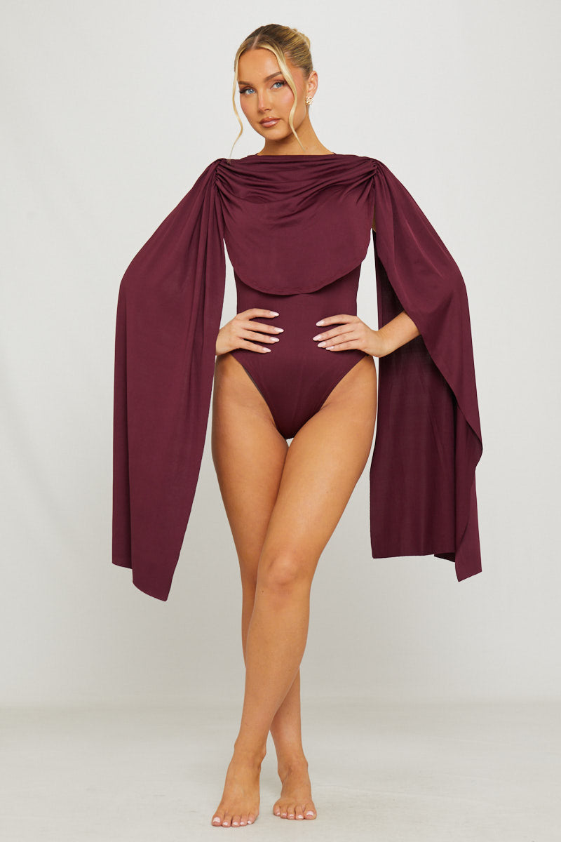 Brown Shoulder Draped Ruched Bodysuit