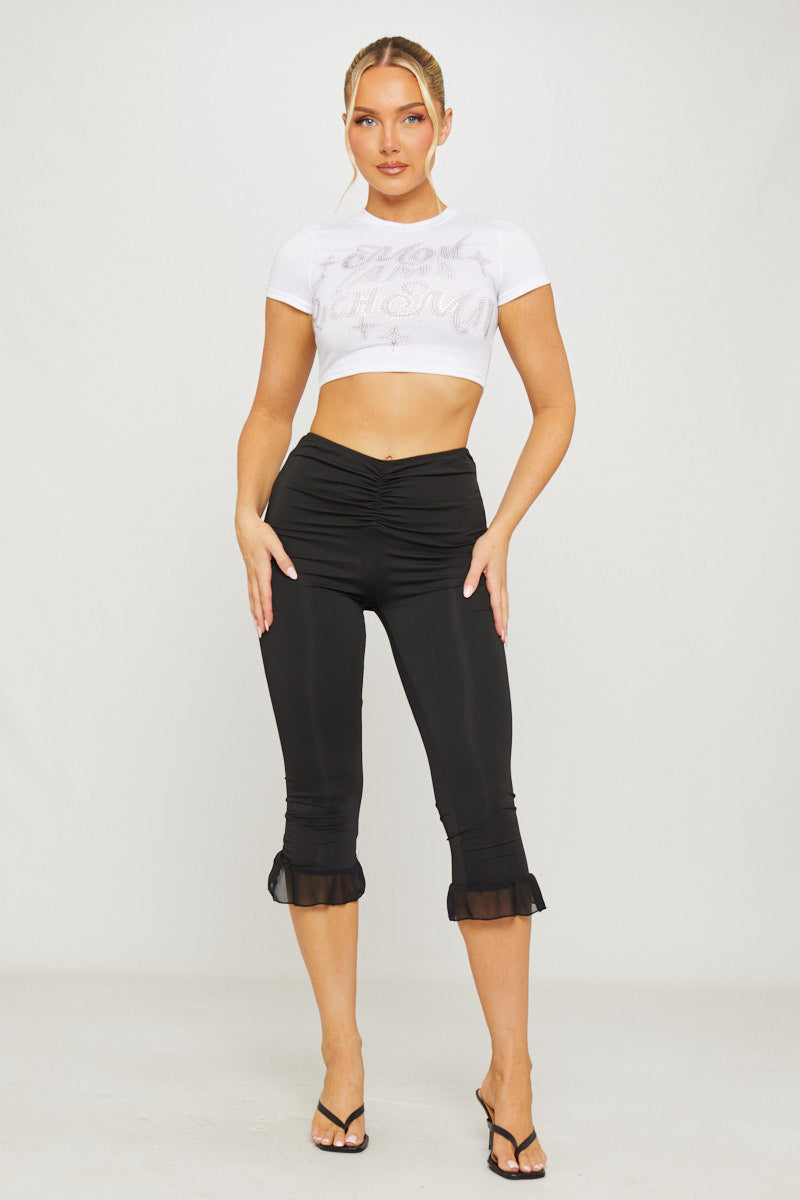 Black Ruched Frill Hem Capri Leggings