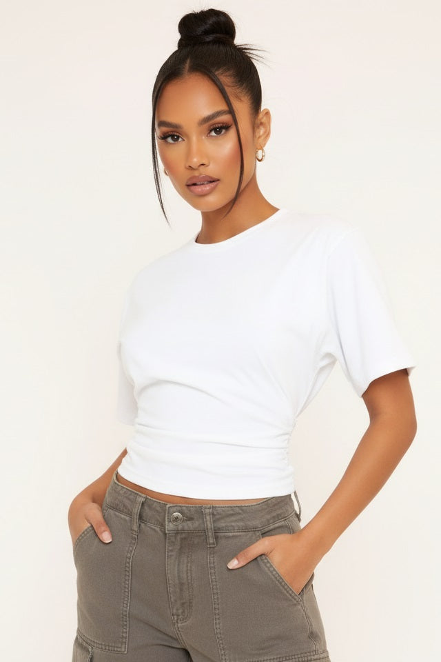 White Cinched Waist Short Sleeve T-Shirt
