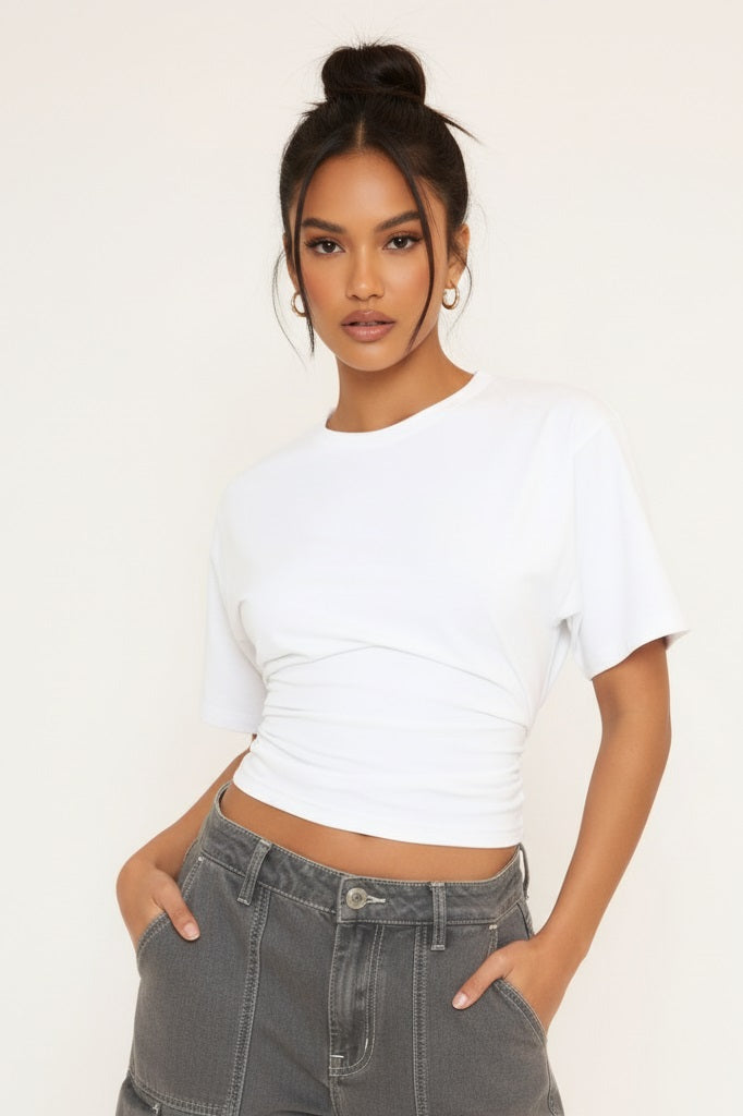 White Cinched Waist Short Sleeve T-Shirt