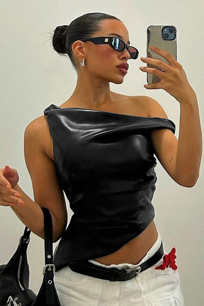 Black Faux Leather One Shoulder Asymmetric Top