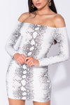 White Snake Print Long Sleeve Bandeau Mini Dress