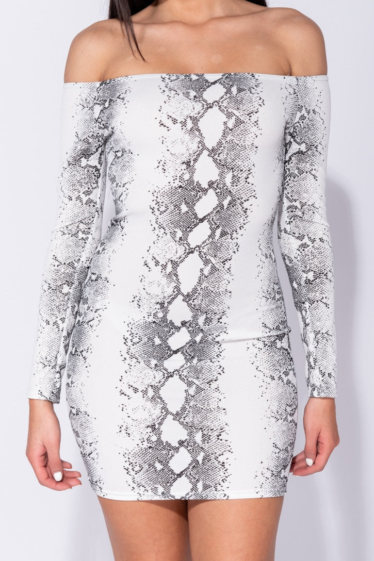 White Snake Print Long Sleeve Bandeau Mini Dress