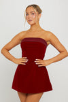 Wine Velvet Fold Over Strapless Mini Dress