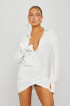 White Plunge Neck Draped Long Sleeve Mini Dress