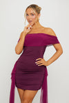 Purple Off Shoulder Ruched Draped Mini Dress