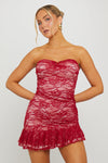 Burgundy Lace Strapless Asymmetric Mini Dress