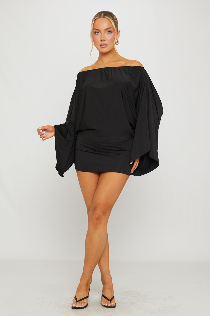 Black Off Shoulder Batwing Top & Mini Skirt Co-Ord