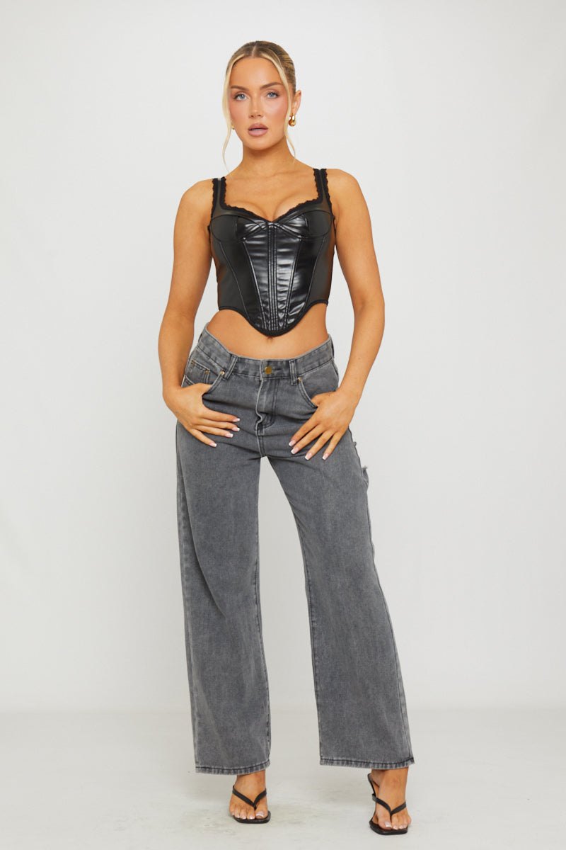 Black Faux Leather Bustier Dipped Corset Top